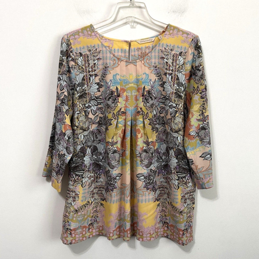 Soft Surroundings‎ Westo Pleated Top M 3/4 Sleeve Yellow Boho Floral Popover